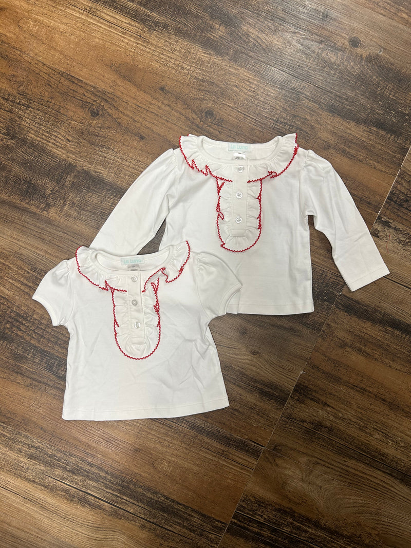 White Long Sleeve Red Ruffle Top
