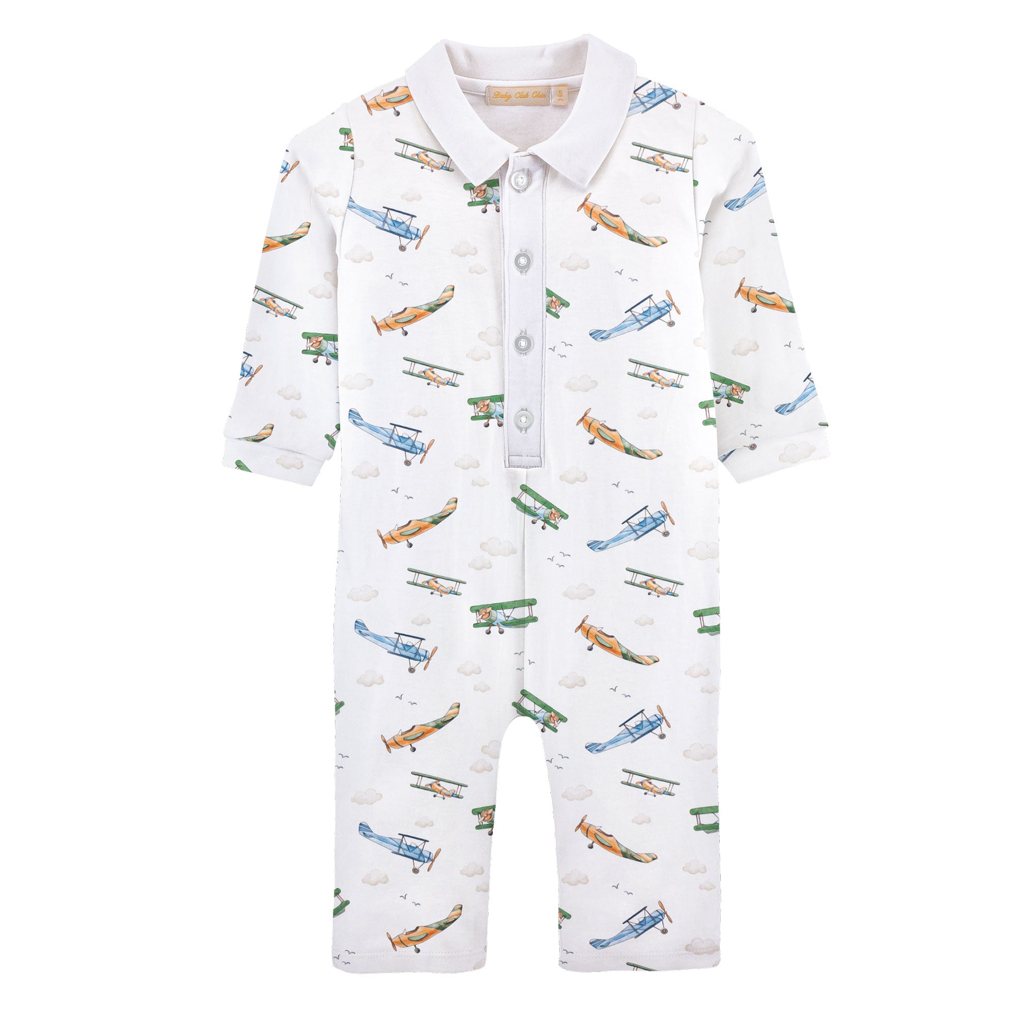 Airplanes Printed Pima Playsuit With Point Collar