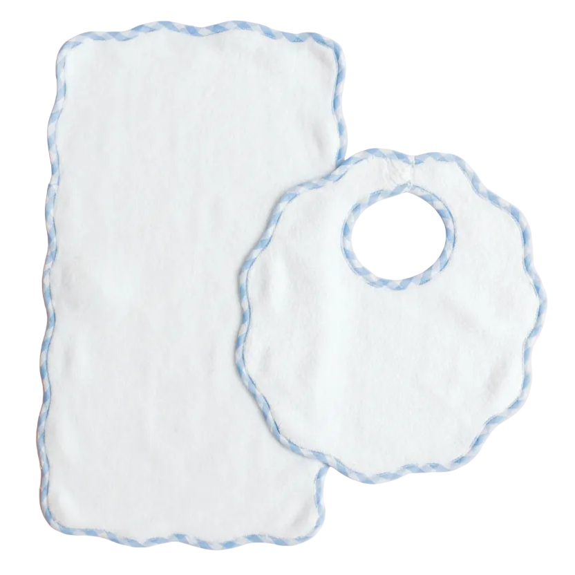 Blue Check Bib and Burp Cloth Set