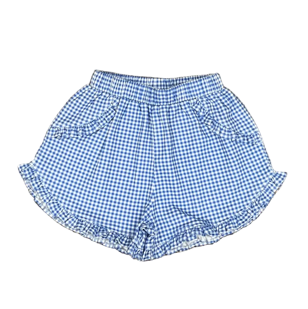 Blue Gingham Kinley Ruffled Knit Pima Shorts