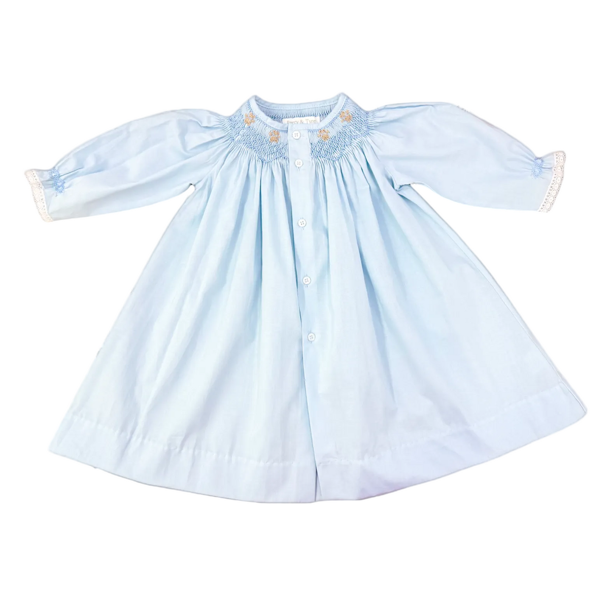 Blue Heirloom Daygown with Smocked Bear Embroidery