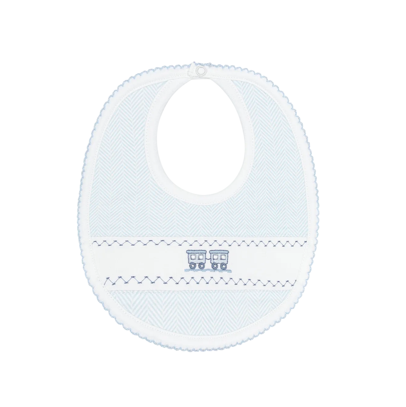 Blue Herringbone Train Embroidered Bib