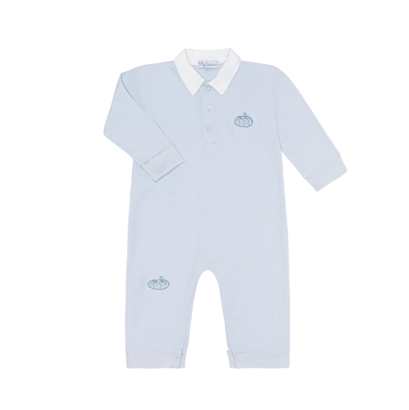 Blue Pumpkin Patch Embroidered LS Romper