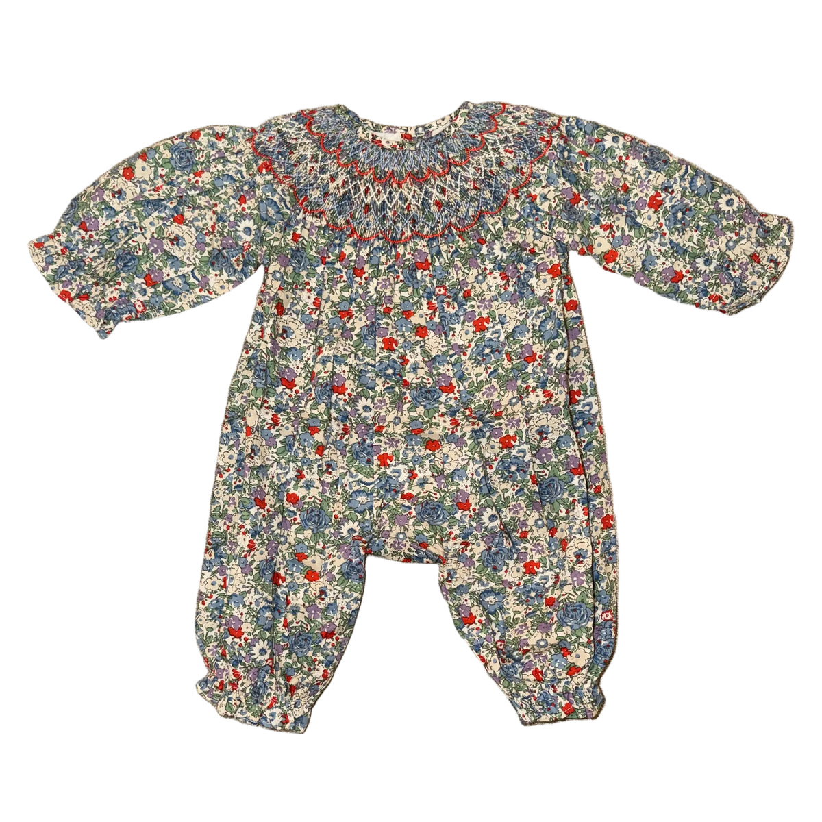 Blue Floral Smocked LS Romper