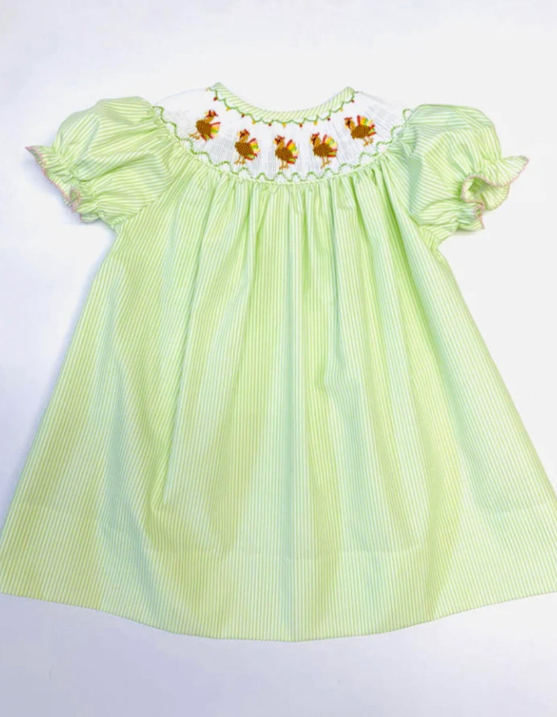 Smocked Turkey Green Stripe Bishop Dress