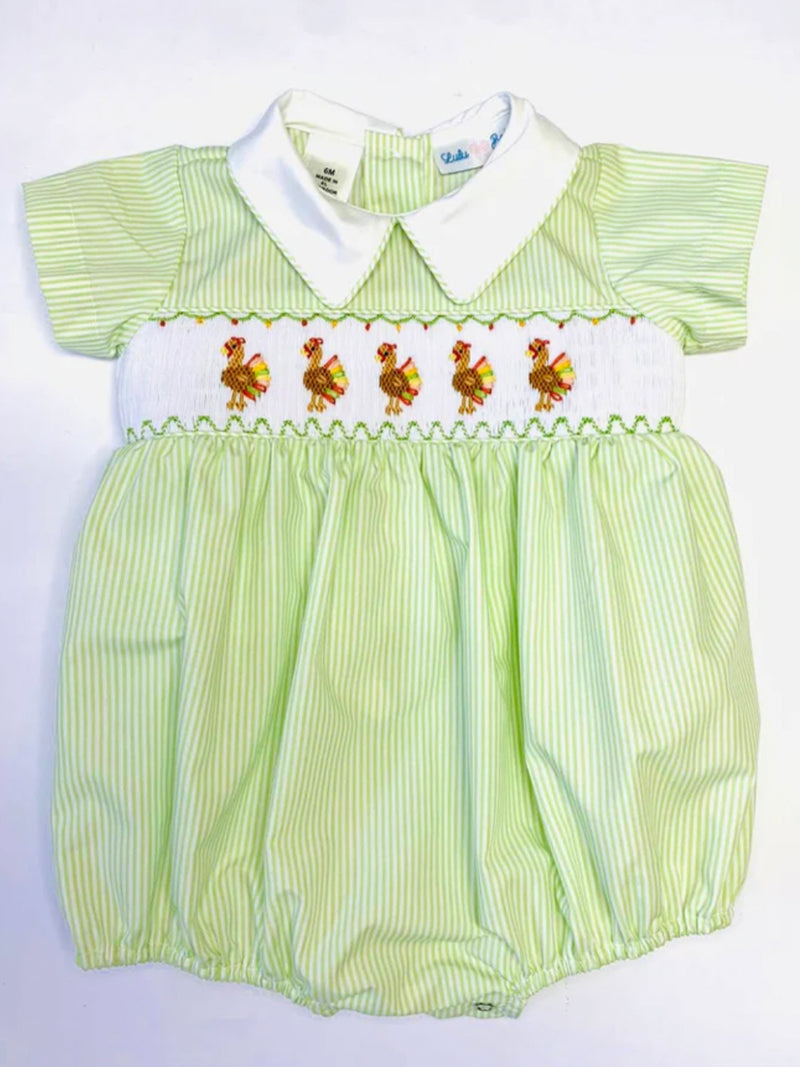 Smocked Turkey Green Stripe Boys Bubble