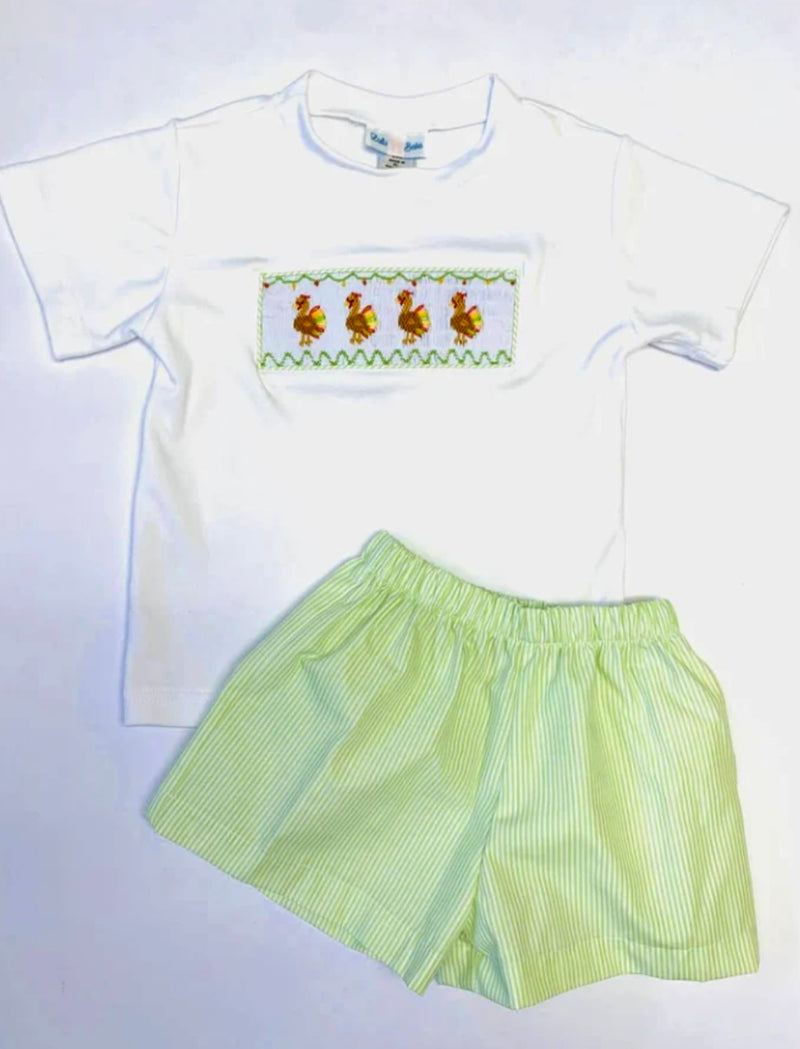 Smocked Turkey Green Stripe Boys Short Set