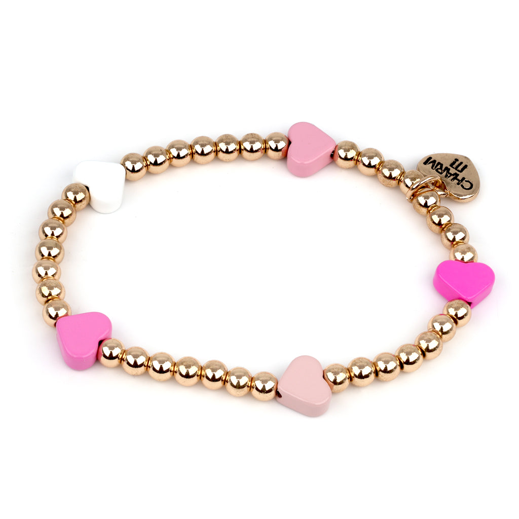 Gold and Pink Heart Stretch Bead Bracelet