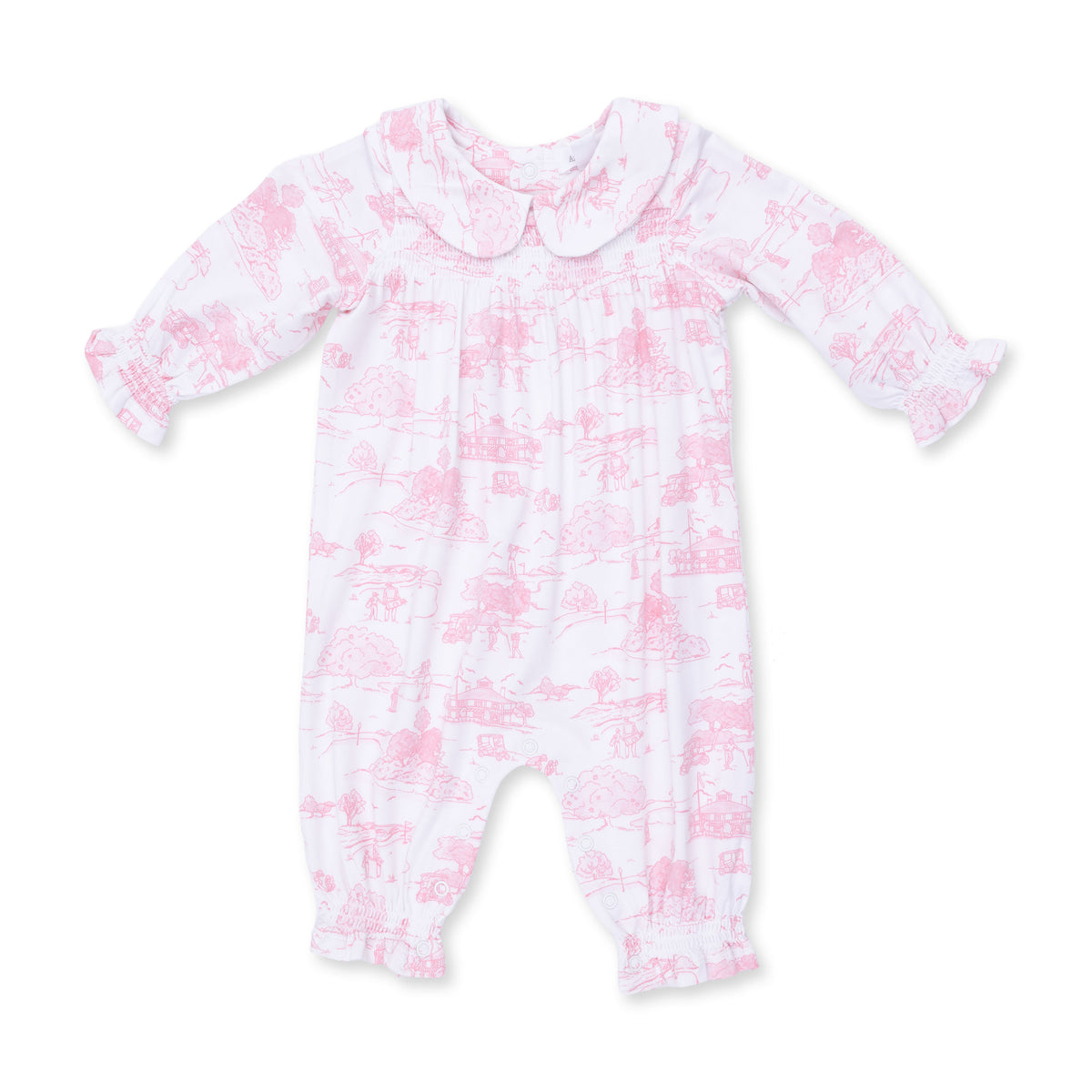 Golf Toile Pink Smocked Long Sleeve Romper