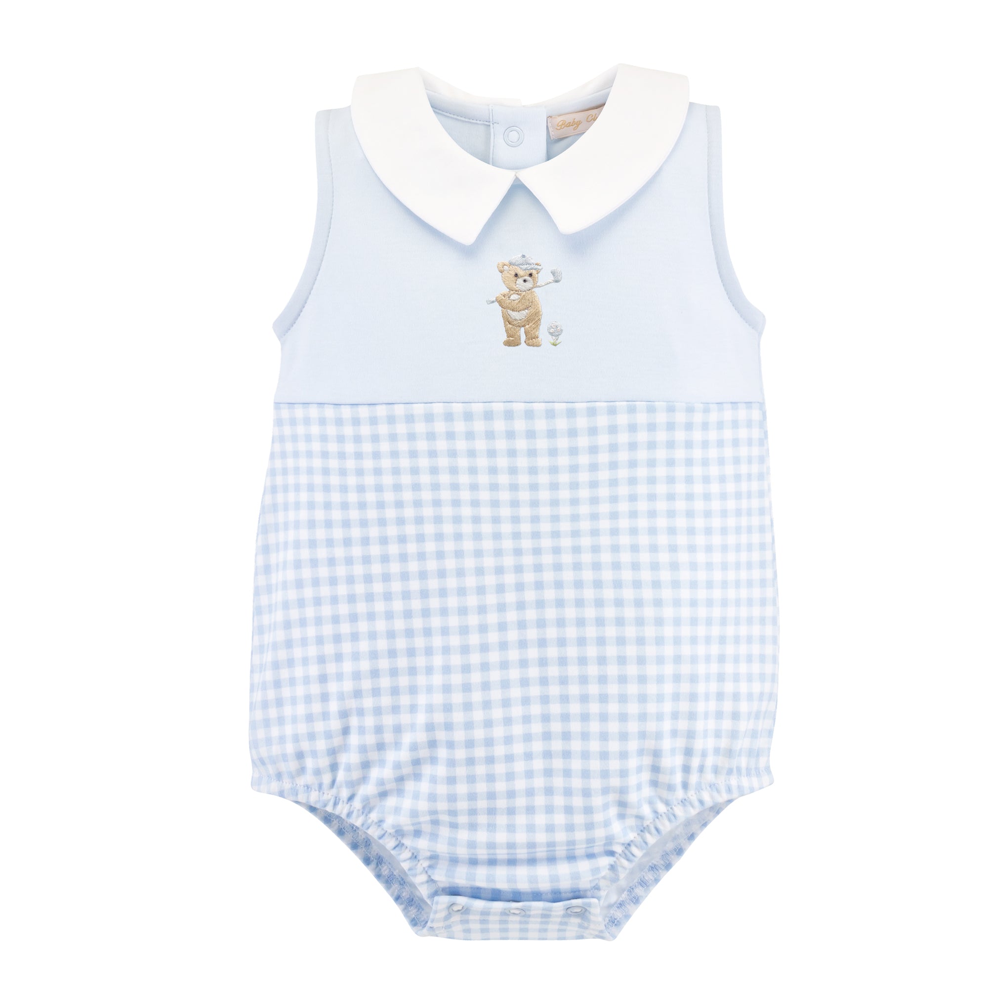 Golfing Bear - Blue Light Blue Gingham Bubble with Embroidery