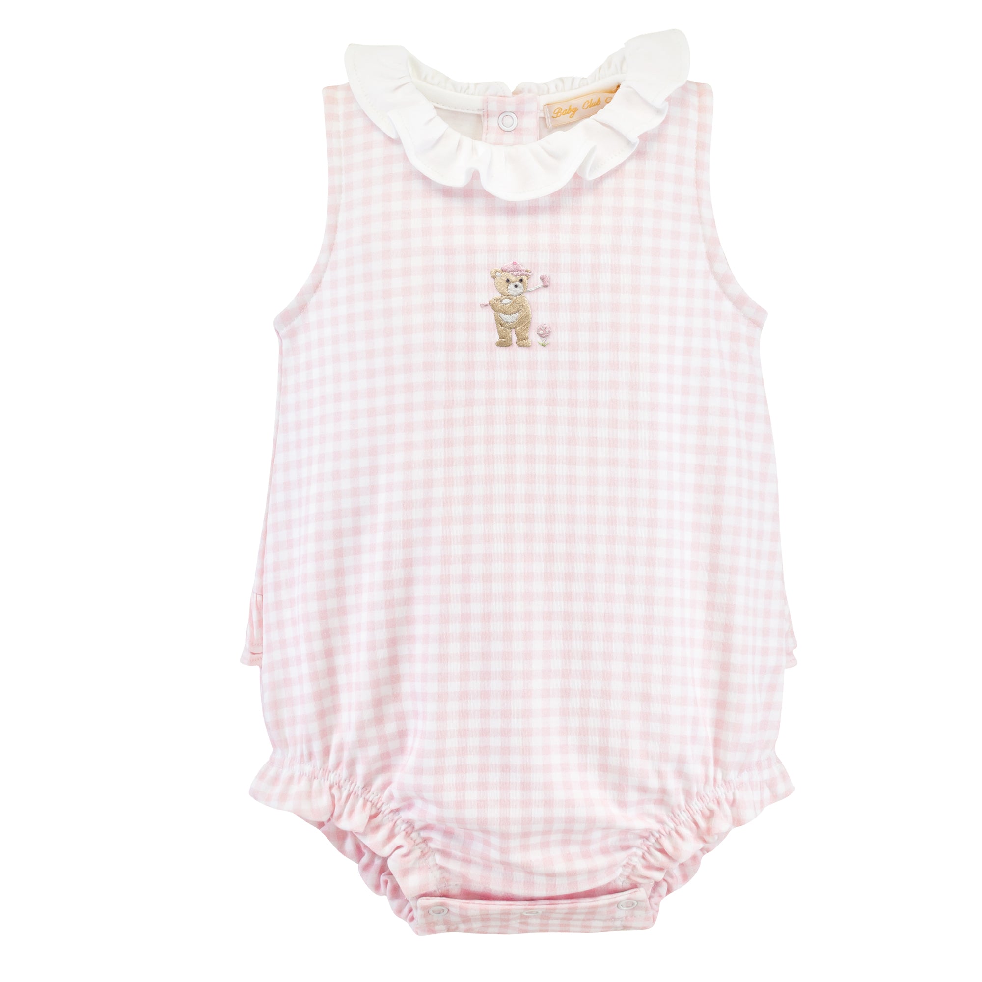 Golfing Bear - Pink Gingham Bubble with Embroidery
