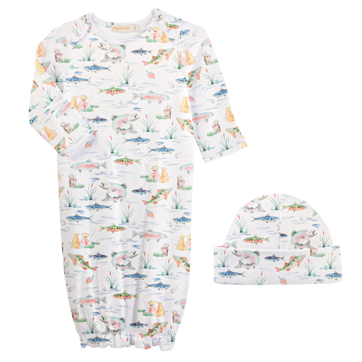 Gone Fishing Printed Pima Gown & Hat Set