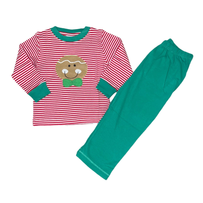 Gingerbread Face LS Pant Set - Red Stripes with Green Trim