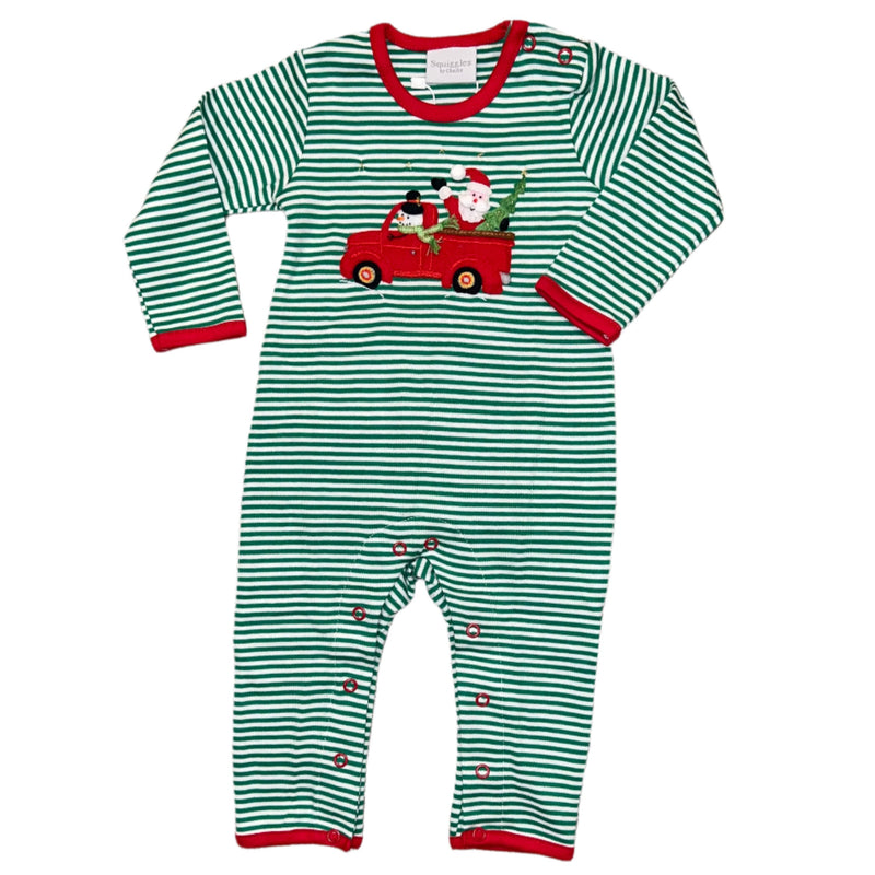 Santa and Frosty in a Red Truck LS Romper - Green Stripes with Red Trim