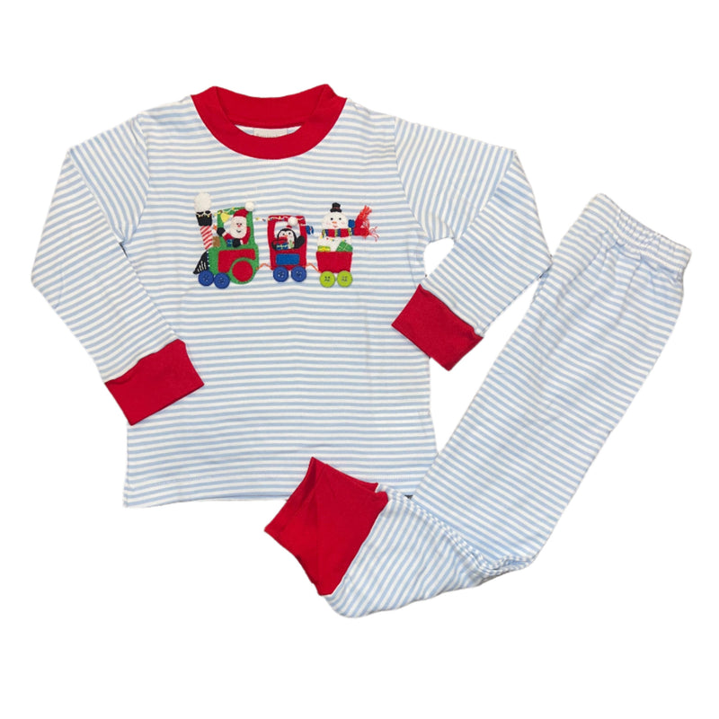 Santa Train LS Pant Set - Light Blue Stripes with Red Trim