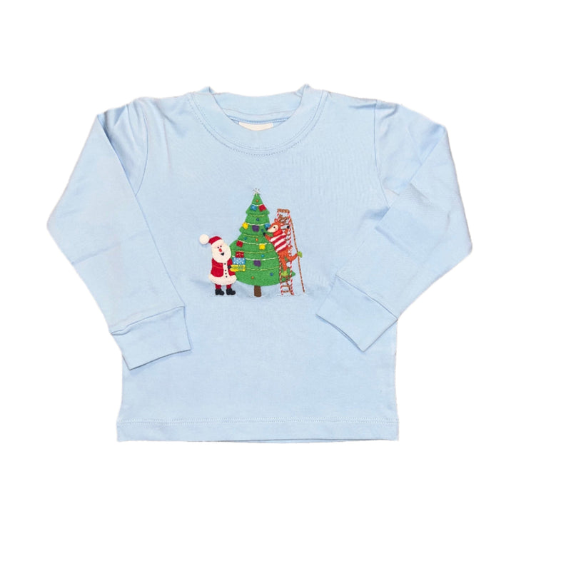 Santa Decorating Tree LS T-Shirt - Blue