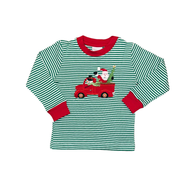 Santa and Frosty in a Red Truck LS T-Shirt - Green Stripes with Red Trim