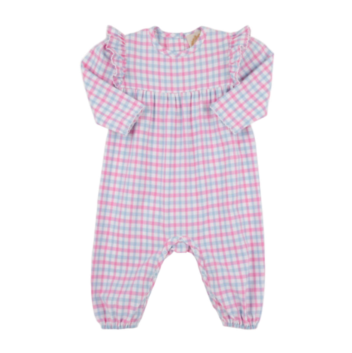 Leigh Ann Angel Sleeve Romper Flannel Barrington Blue and Hamptons Hot Pink Gingham