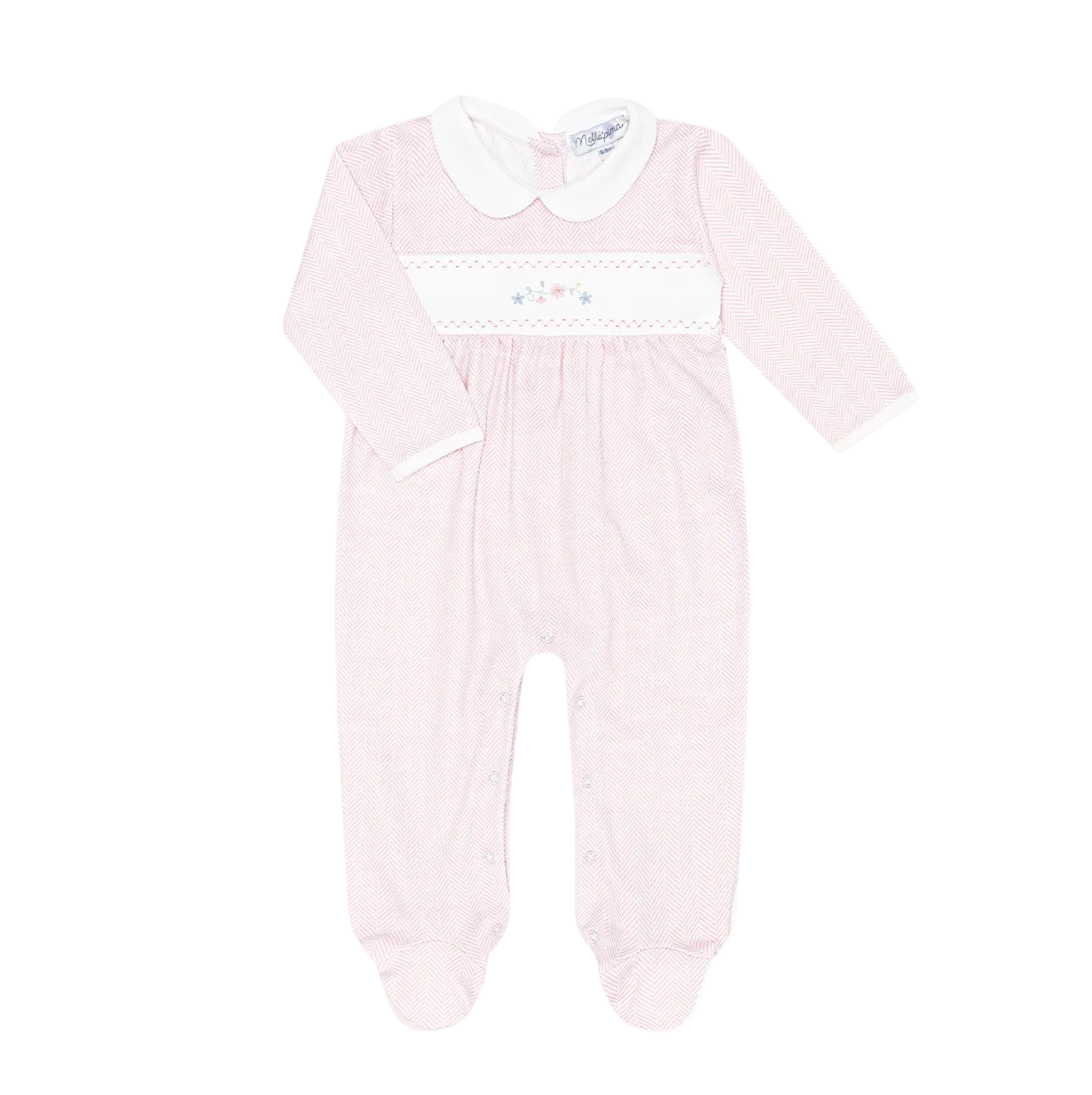 Pink Herringbone Flowers Embroidered Footie