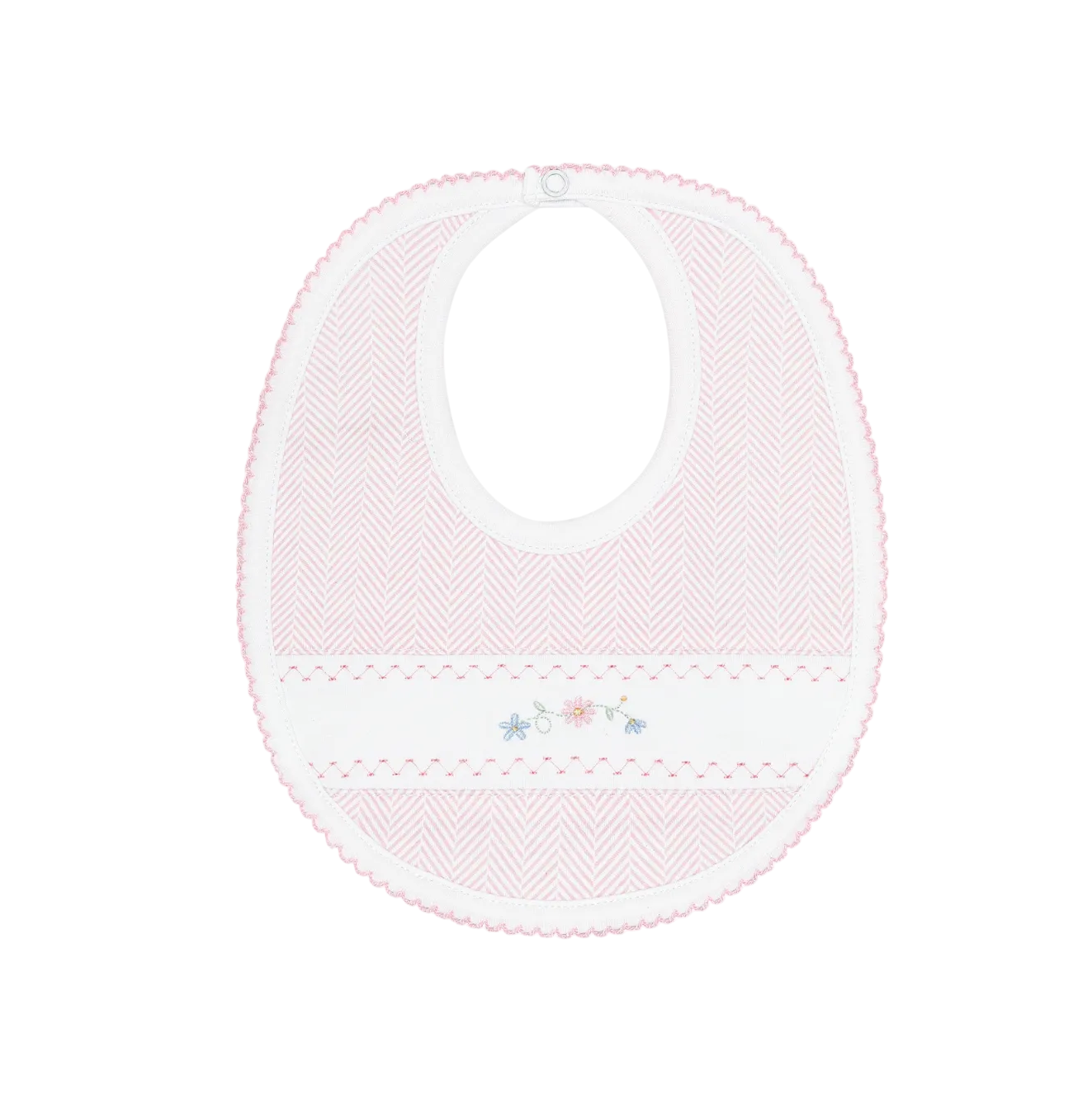 Pink Herringbone Flowers Embroidered Bib
