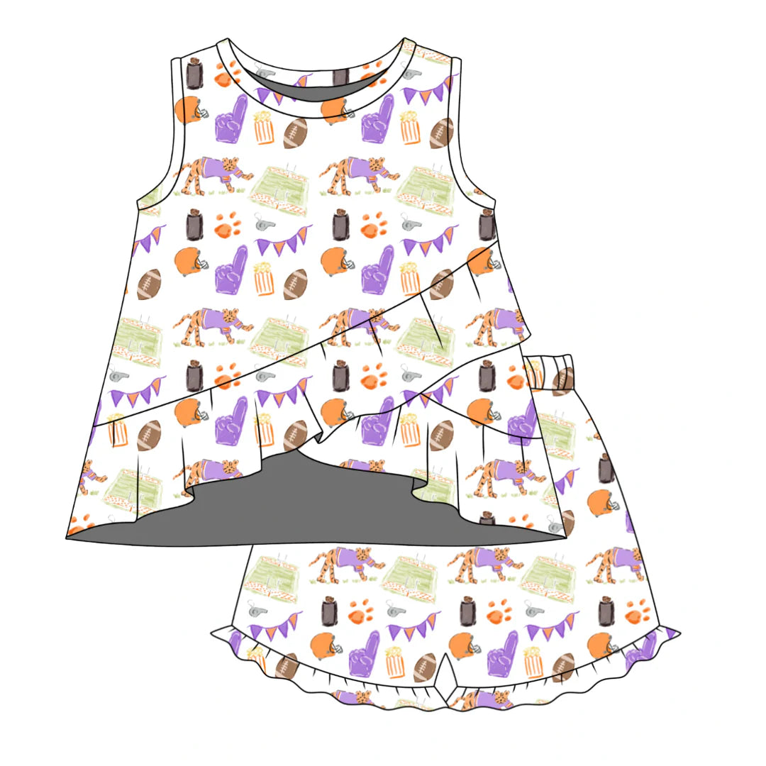 PRE-ORDER Rosie Ruffle Back Top with Susie Shorts- Game Day Tiger Paws