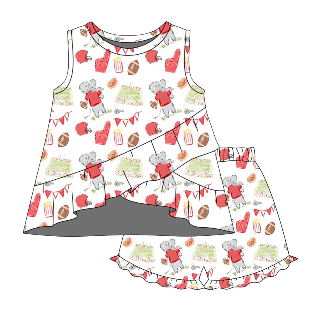 PRE-ORDER Rosie Ruffle Back Top with Susie Shorts- Game Day Elephant