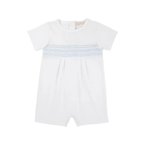 Sebastian Smocked Romper Worth Ave White Beale Street Blue and Sarasota Sky