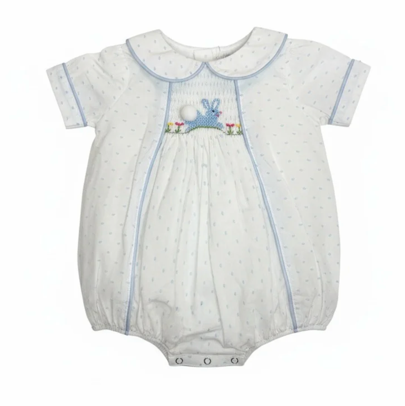 Smocked Bunny Blue Swiss Dot Bubble