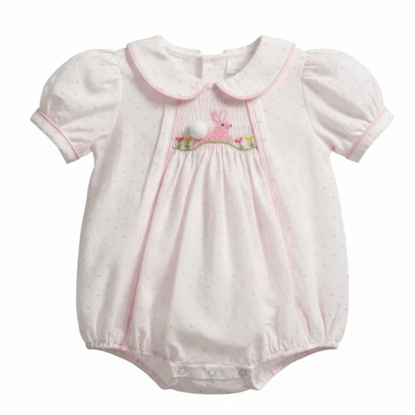 Smocked Bunny Pink Swiss Dot Bubble