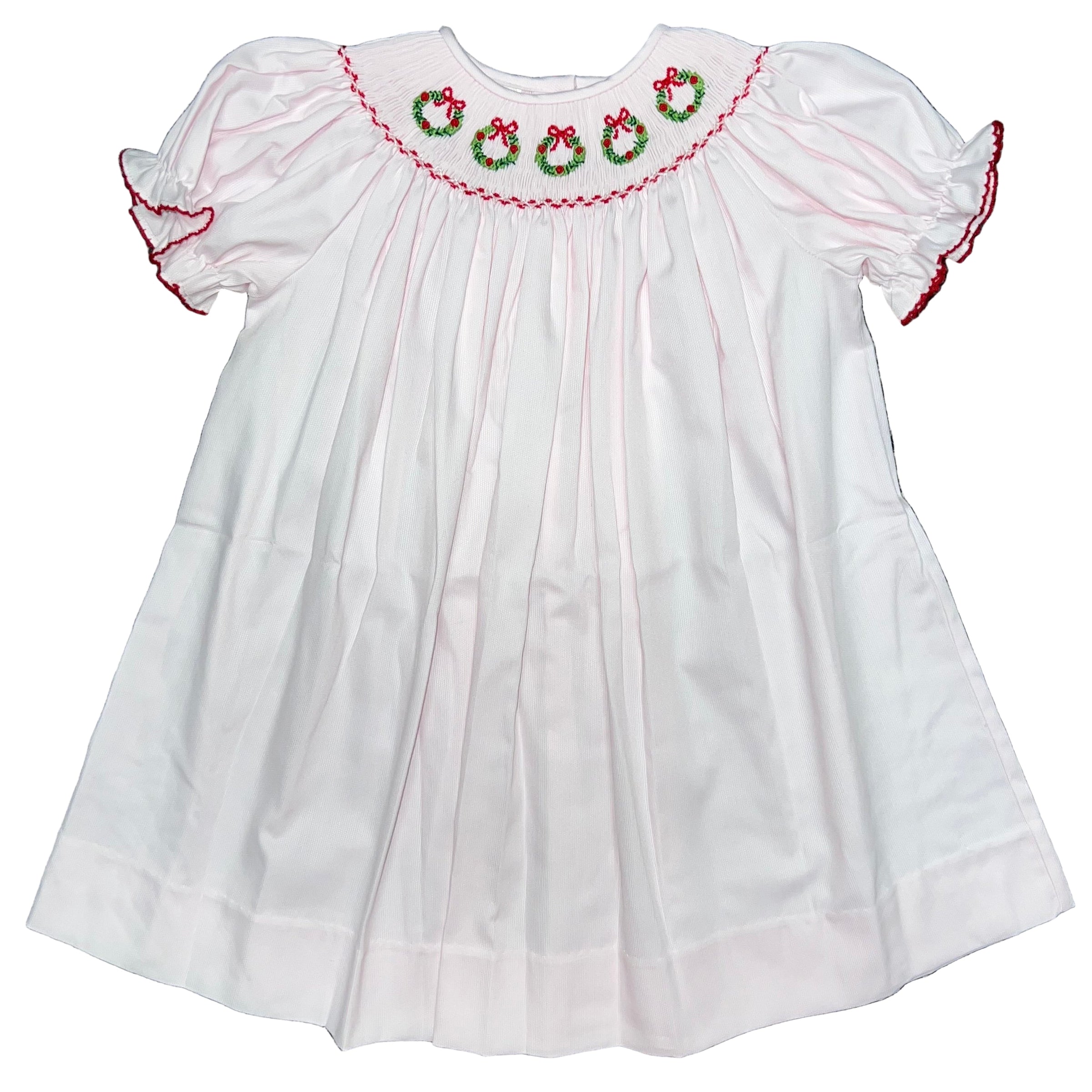 Light Pink Smocked Christmas Wreath Bishop Dress