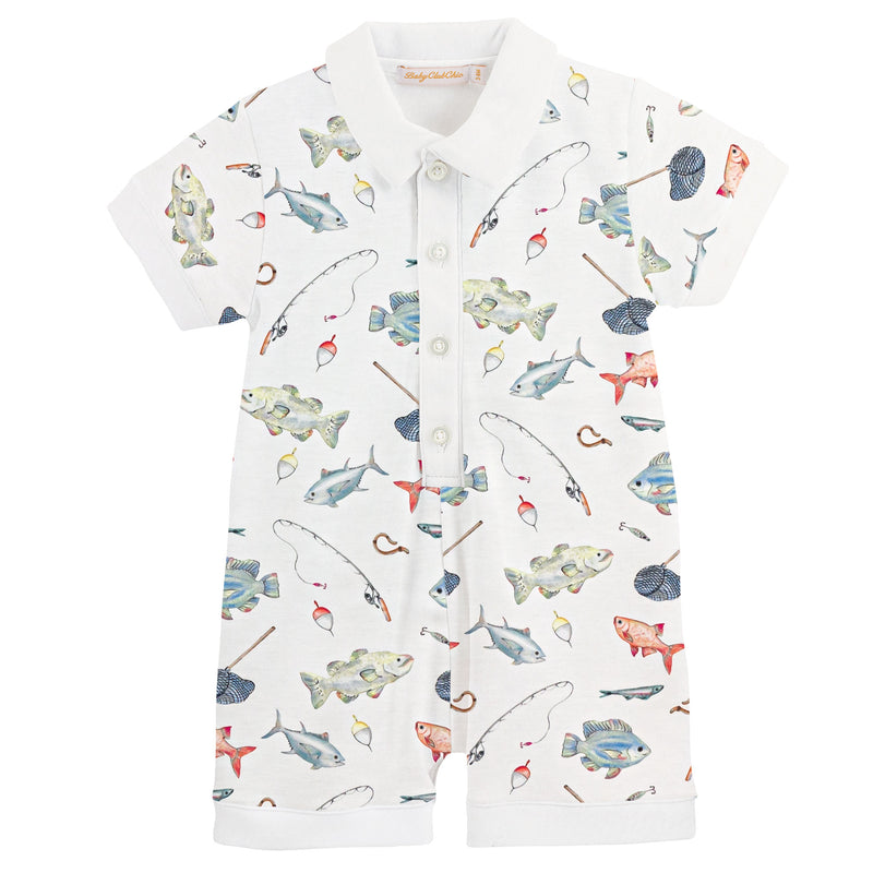 Fishing Day Printed Romper w/Collar