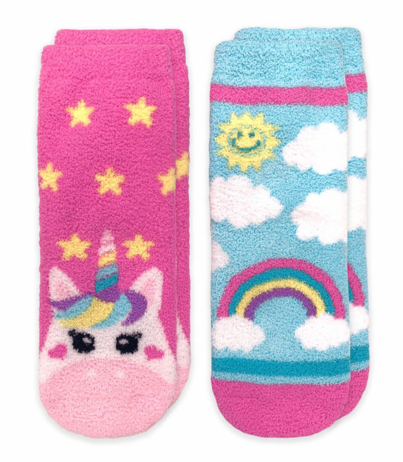 Jefferies Socks Unicorn and Rainbow Fuzzy Non-Skid Slipper Socks 2 pair pack