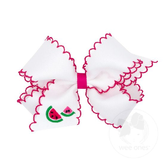 Wee Ones Medium Pink Watermelon Bow With Pink Moonstitch Edge and Embroidery
