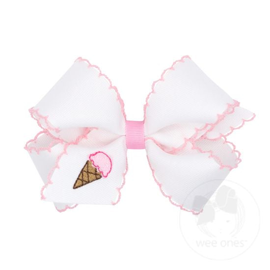 Wee Ones Medium Ice Cream Bow With Pink Moonstitch Edge and Embroidery