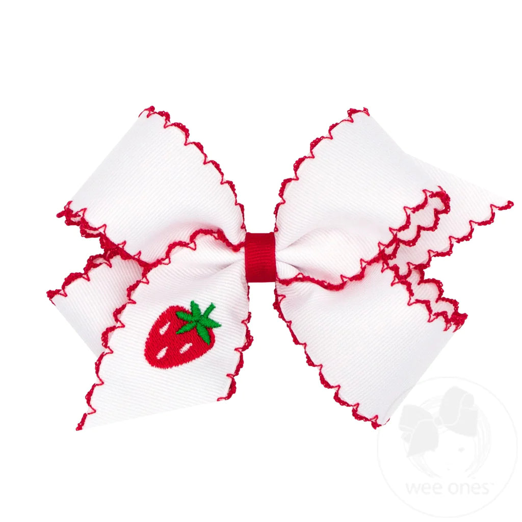 Medium Strawberry Bow With Red Moonstitch Edge and Embroidery