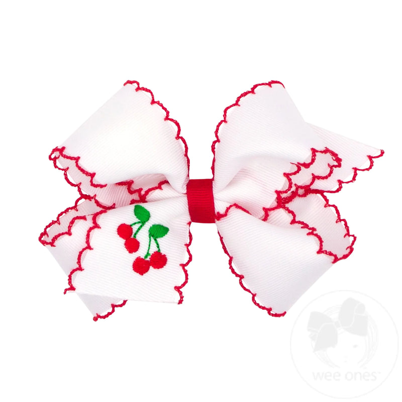 Wee Ones Medium Cherry Bow With Red Moonstitch Edge and Embroidery