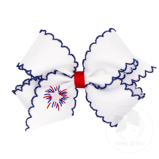 Wee Ones Medium Firework Bow With Navy Moonstitch Edge and Embroidery