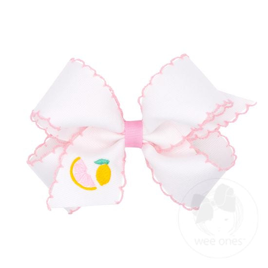 Wee Ones King Lemon Bow With Pink Moonstitch Edge and Embroidery