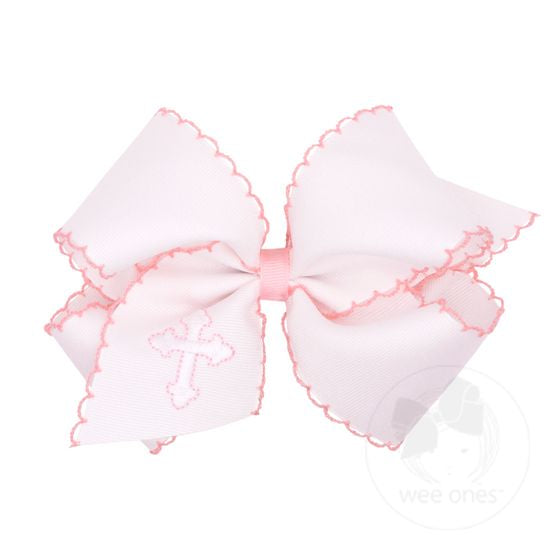 Wee Ones Medium Easter Cross Grosgrain Bow With Pink Moonstitch Edge and Embroider
